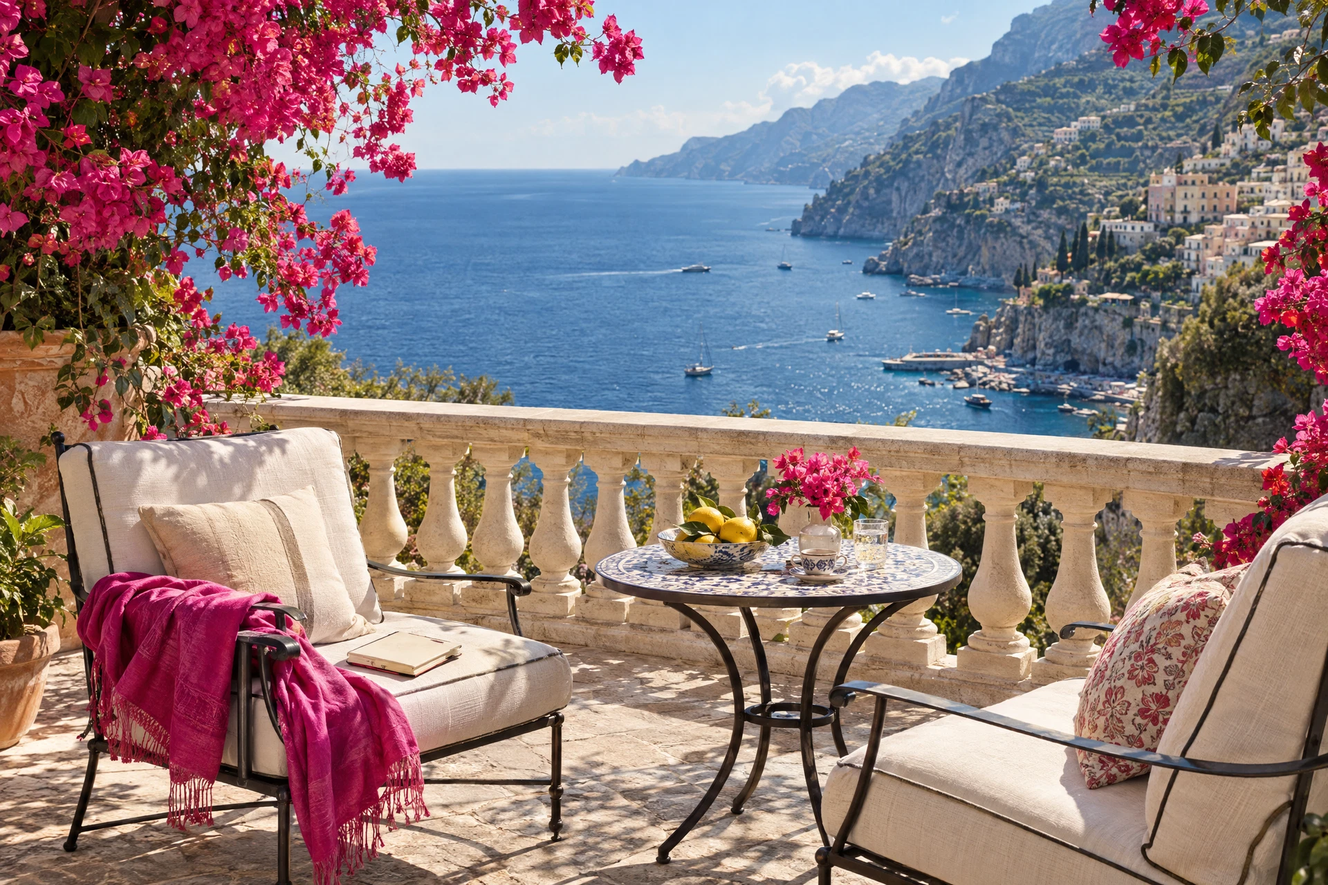 Illustrative coastal terrace framed by pink flowers, inspiring future shared travel